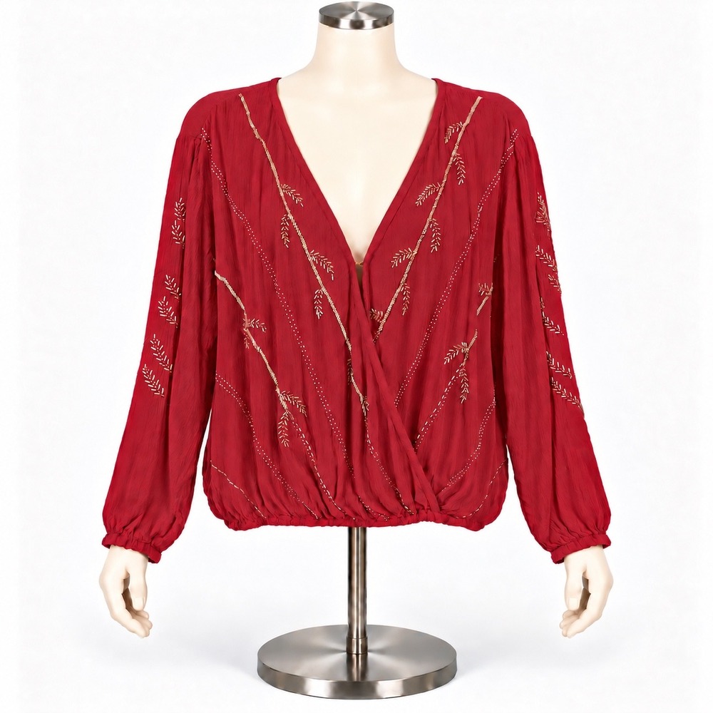 Chloe Oliver Red Beaded Surplice Wrap Blouse Long Sleeve Boho Top Medium